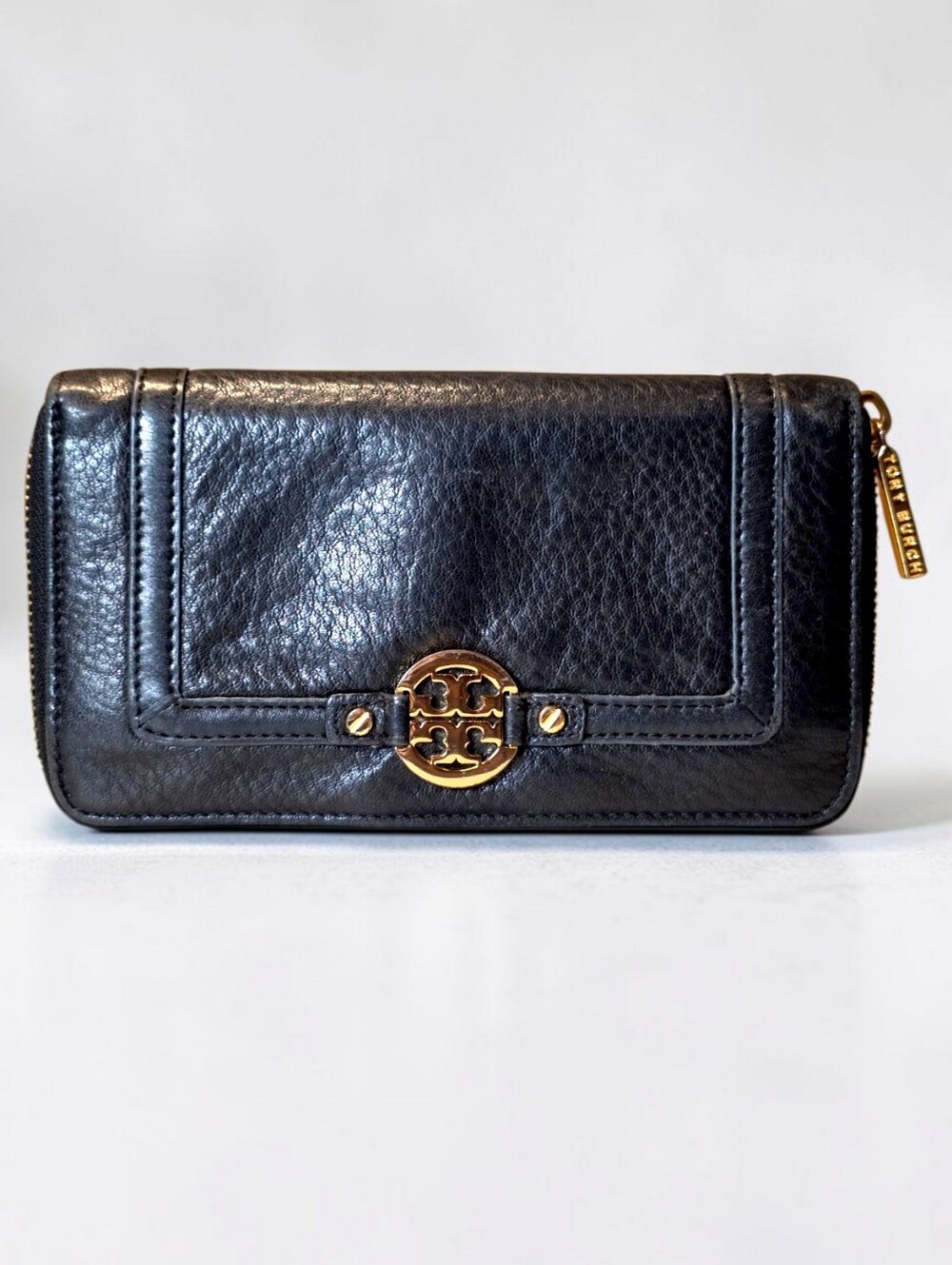Tory Burch Black Leather Zip Continental Wallet with Gold Logo